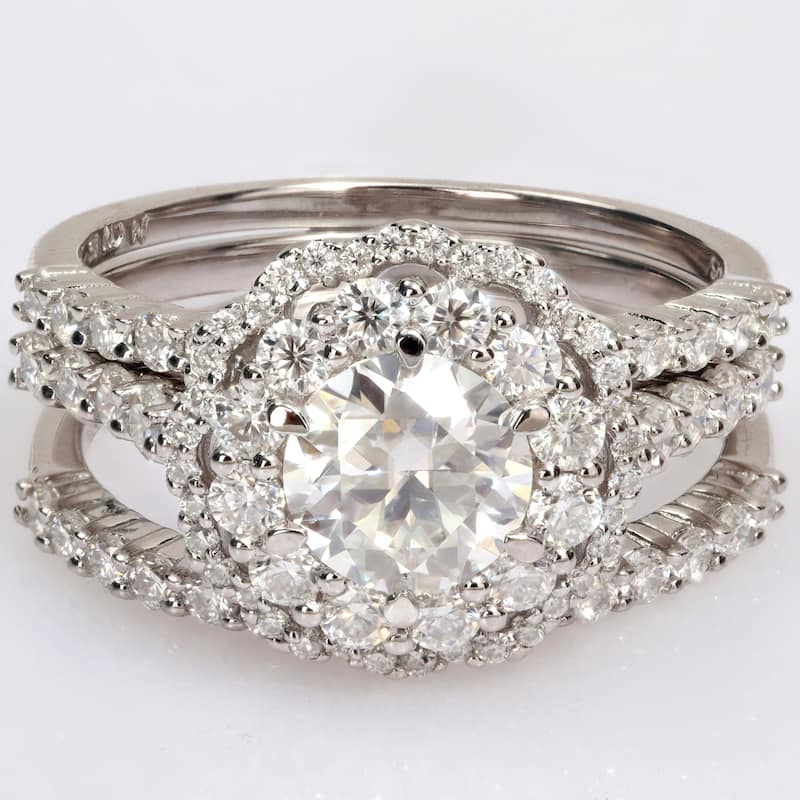 Miadora 2ct DEW Moissanite Double Halo Floral Bridal Ring Set in Sterling Silver