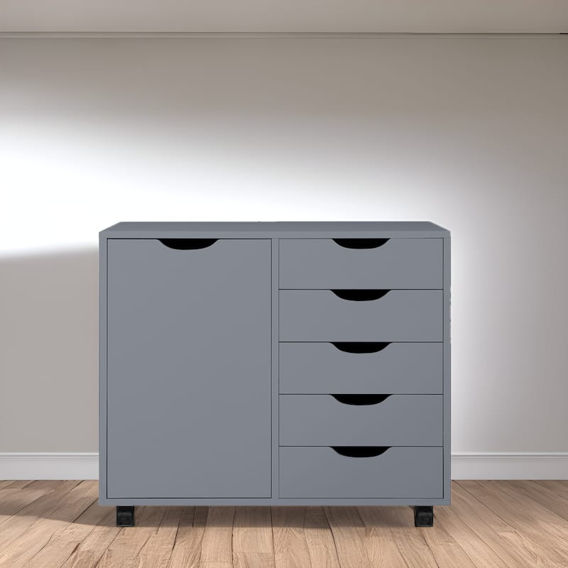 Wooden 5-Drawer Office Storage Cabinet with Extra Shelf and 360° Mobility for Effortless Organization