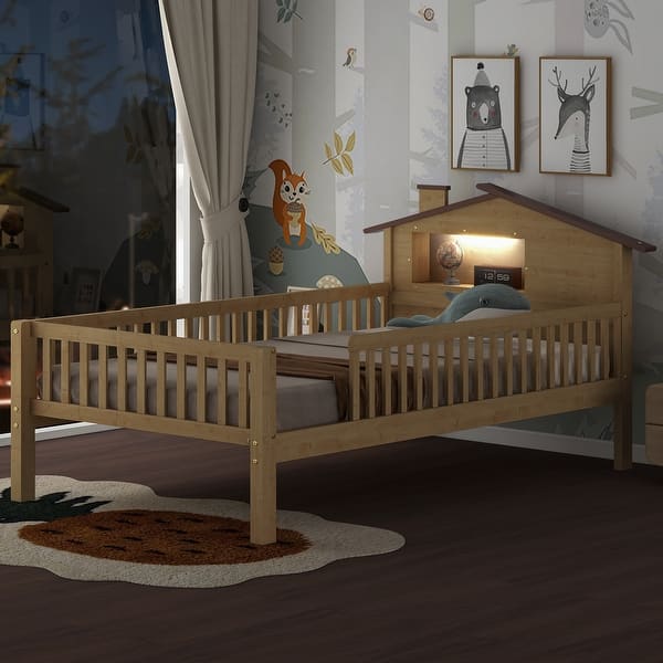 slide 2 of 30, Twin Size Wood Platform Bed with House Headboard, LED & Storage - Natural Natural