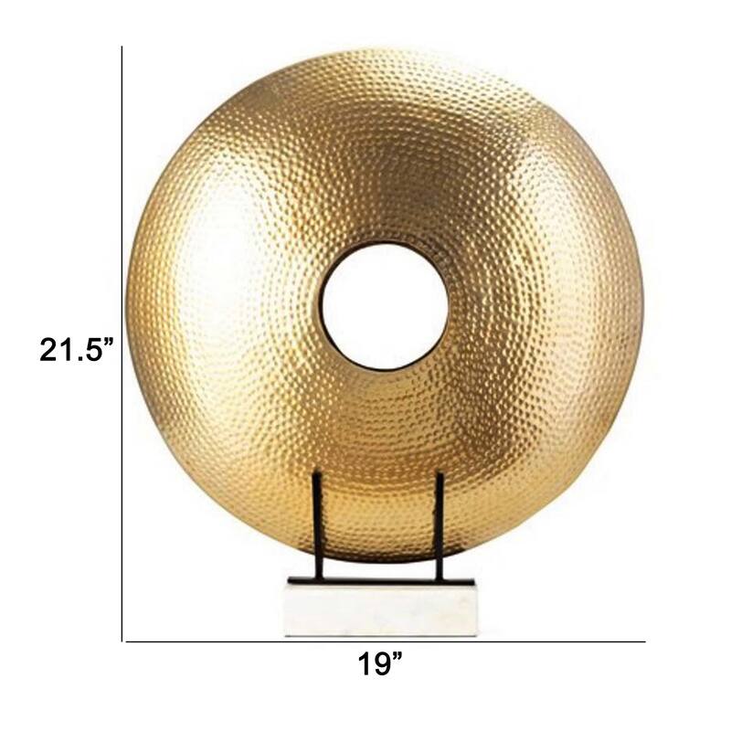 22 Inch Round Statuette, Tabletop Decor, Gold Disk, White Marble Base