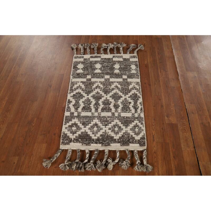 Brown & Ivory Moroccan Oriental Accent Rug Hand-Knotted Wool Carpet - 2'0"x 3'0"