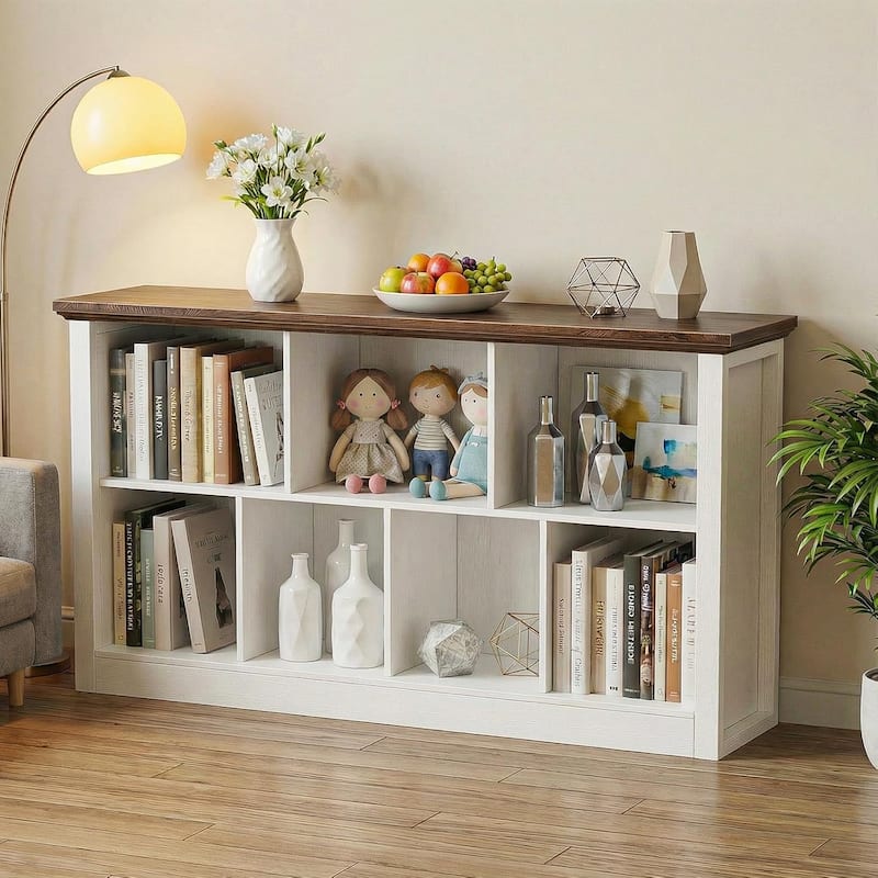 7/10 Cube Bookcase Organizer with Backpanel, 50" Wooden Storage Book Shelf for Living Room, Bedroom, Home Office, Kids Room - AntiqueWhite＆Brown - 7 Cube (13.4"D x 50"W x 26"H)