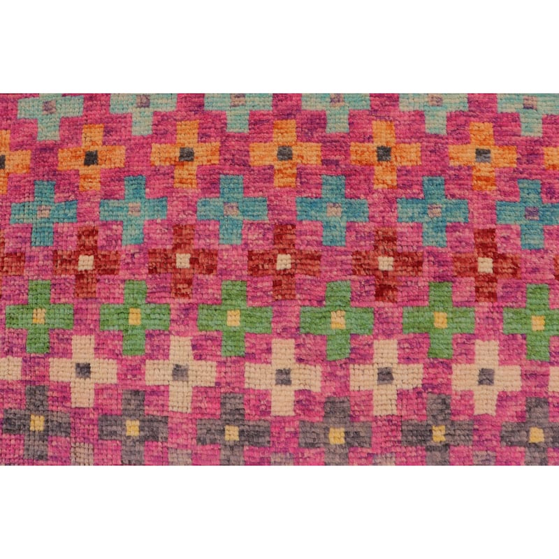 Modern Balochi Espinoza Pink/Orange Hand Knotted Wool Rug - 3'4'' x 4'10''