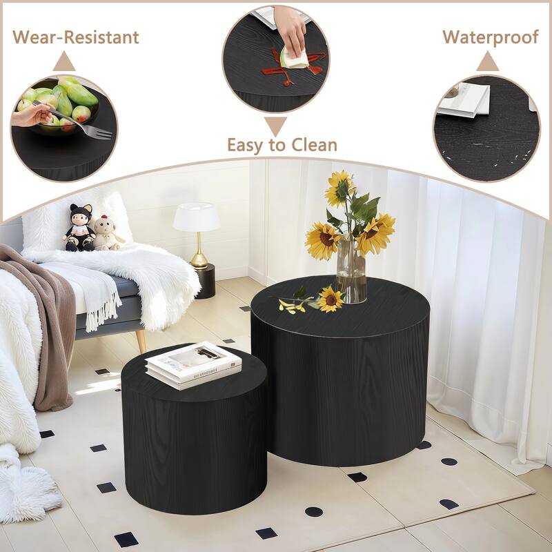 Nesting Coffee Table Set of 2, Modern Round Wooden Side Tables with Non-Slip Feet, Space-Saving Living Room Accent Tables