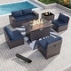 preview thumbnail 52 of 99, Outdoor Patio Furniture Set, All Weather PE Wicker Sectional Conversion Sofa set with Firepit(Optional) 6Pcs w/Firepit - Navy Blue