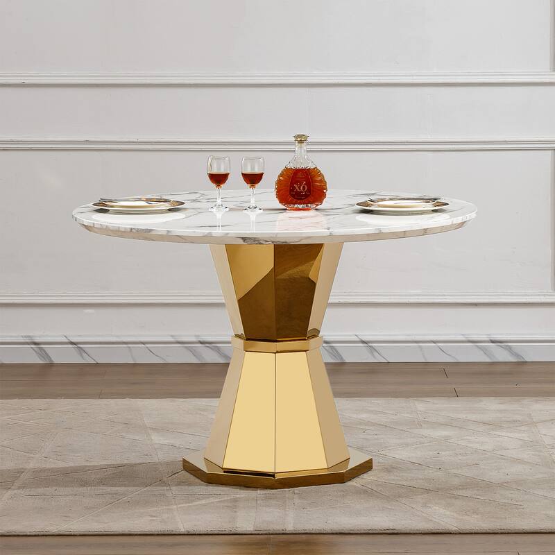 47" Round Dining Table with Faux Marble Tabletop and Stainless Steel Base - Gold+White