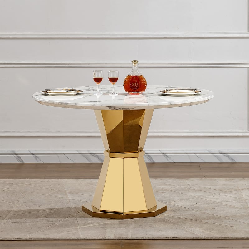 GDFStudio - Jane Series 47" Round Marble Dining Table and Stainless Steel Base for Dining Room, Kitchen - Gold+White