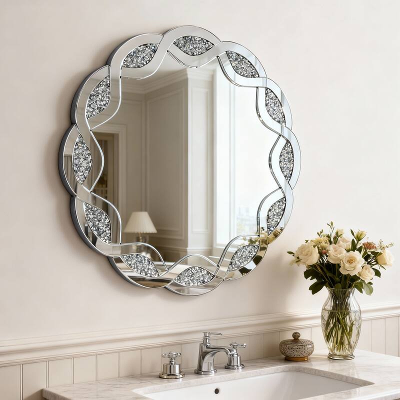 Roomfitters 31.5" Silver Mirrored Wall Mirror, Round Decorative Console Mirror with Crushed Diamond Wave Frame