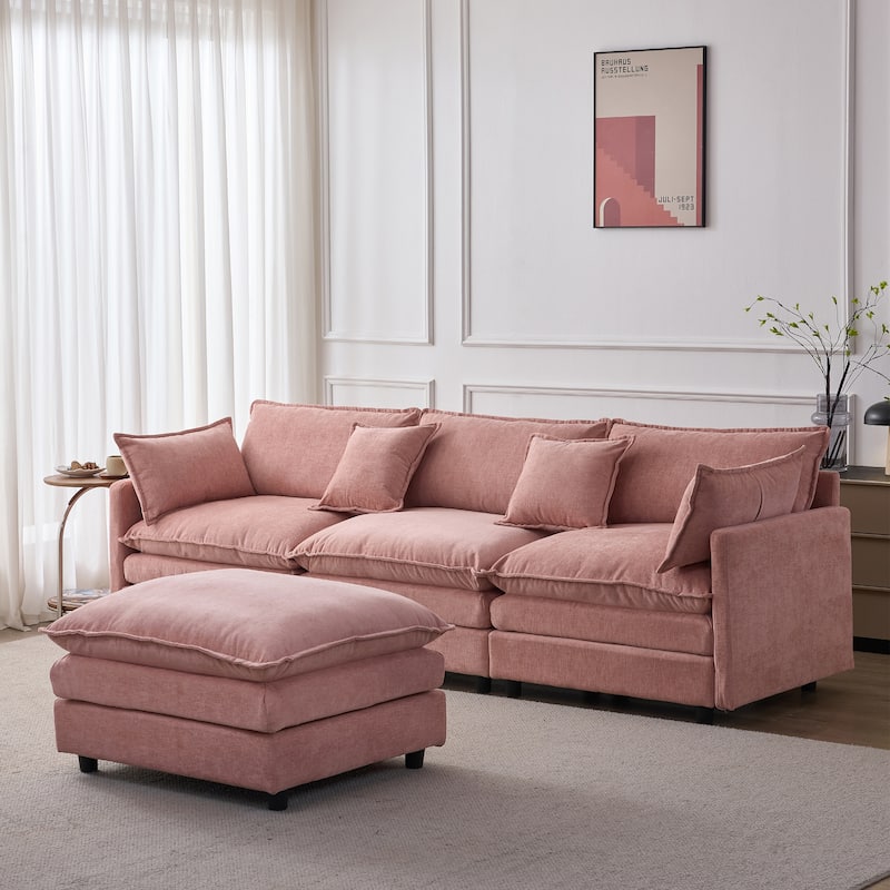 Chenille Upholstered L-shaped Sectional Sofa 3 Seater Modular Couch with Ottoman, Pillows and Double Layer Seat Cushions