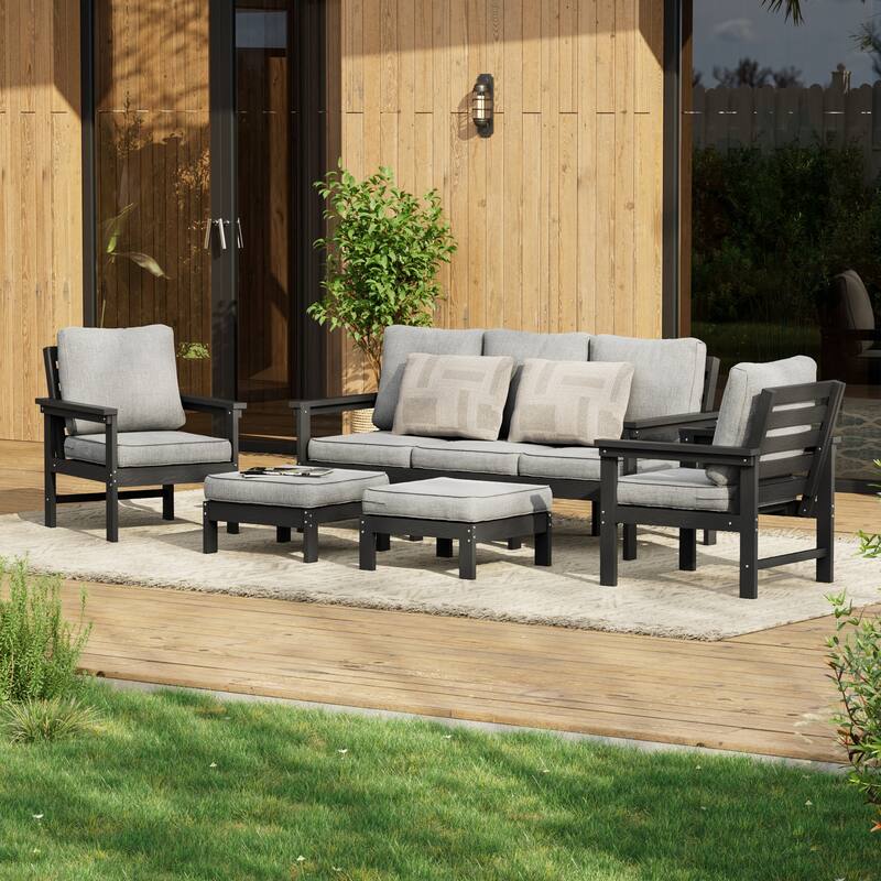 All-weather HIPS Outdoor Sofa Set with Detachable Cushions (Set of 5) - Black/Light Gray