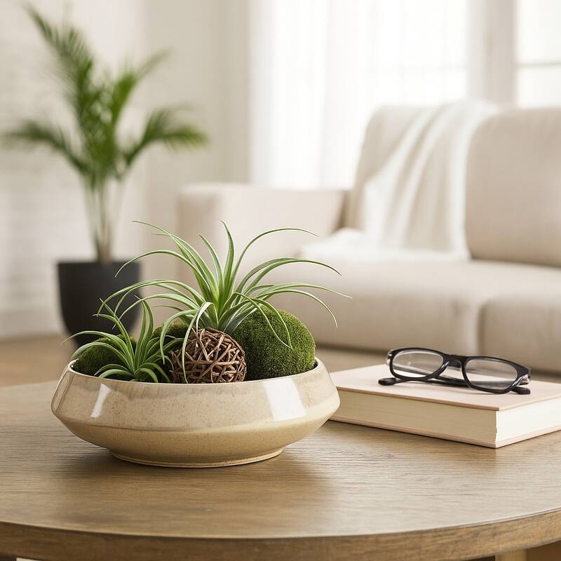 Decorative Round Glazed Pottery Bowl - 15", Brown - 15.0"