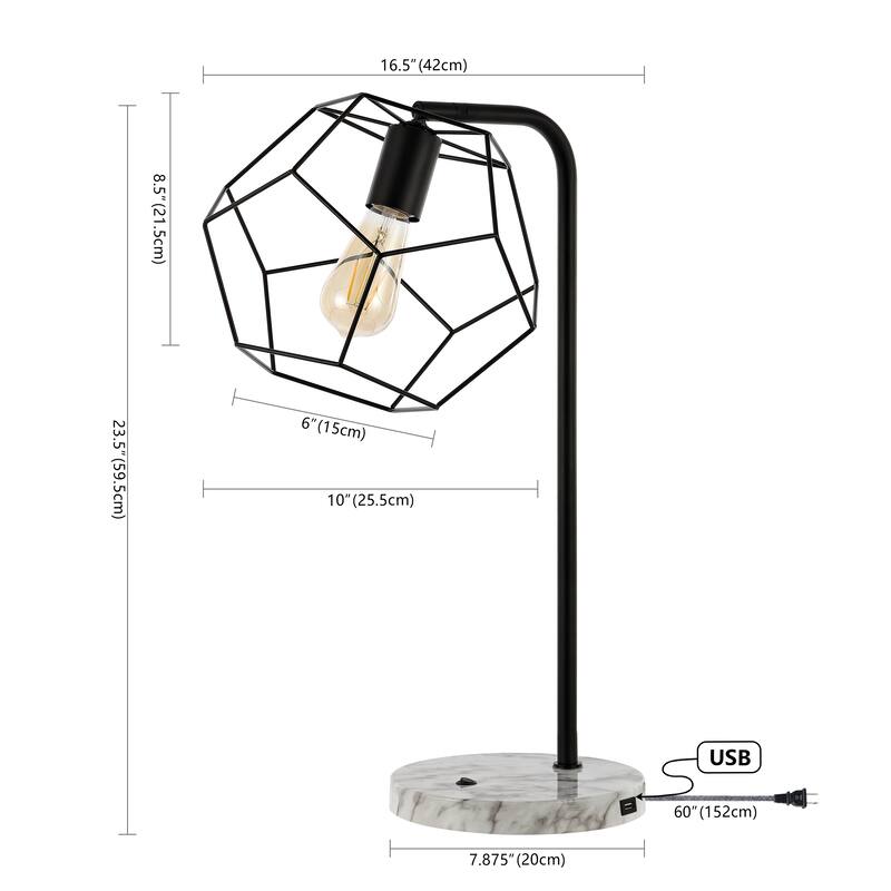 Cooper 23.5" Industrial Farmhouse Head-Adjustable Iron LED Task Lamp with USB Charging Port, Black by JONATHAN Y