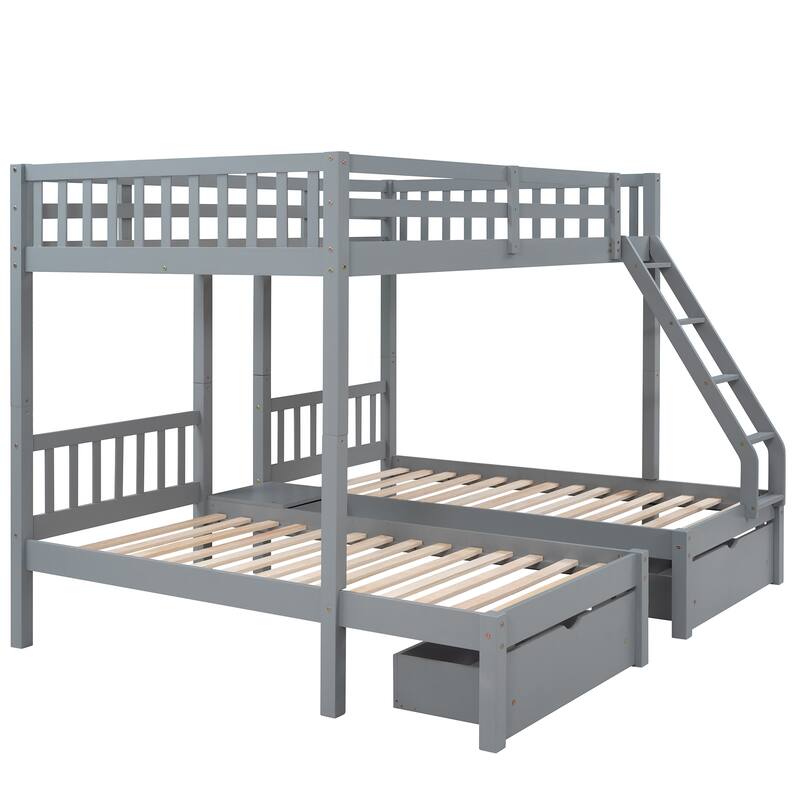 Full Over Twin Wood Triple Bunk Bed with Drawers, Guardrails, and Angled Ladder - Space-Saving Design