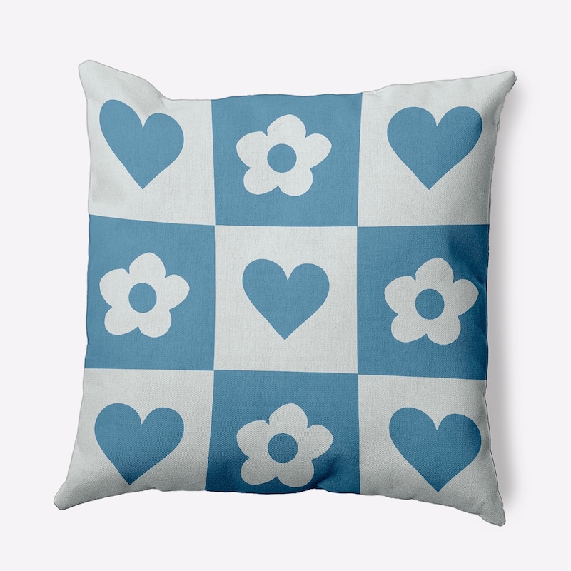Heart And Flowers Grid Valentines Day Decorative Throw Pillow - 16" x 16" - Chambray
