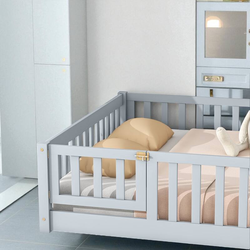 Full Size Rubber Wood Floor Bed with Fence, Door and Safety Guardrails for Kids