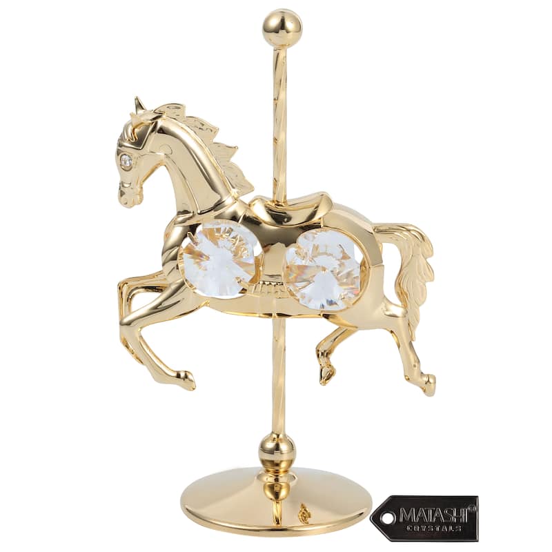 Matashi Home Decorative Tabletop Showpiece 24K Gold Plated Crystal Studded Carousel Horse Ornament