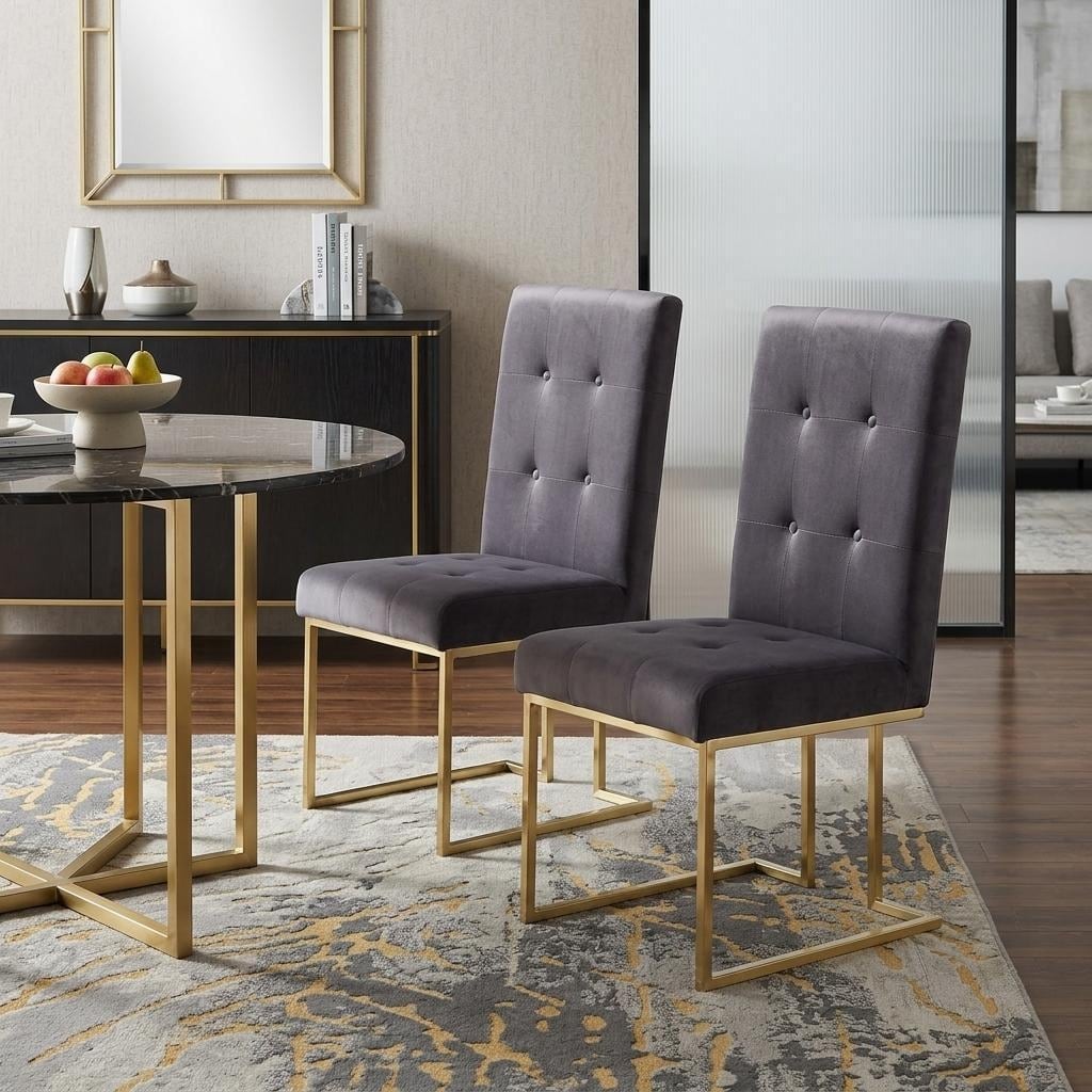 HomeRoots Set of Two Tufted Gray And Gold Upholstered Fabric Dining Side Chairs - 20.00 in. x 41.00 in. x 25.00 in.