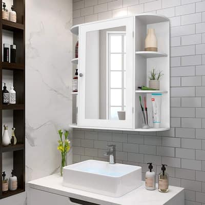 Wall Mounted Bathroom Cabinet with Mirror, Single Door Medicine Cabinet with 4-Tier Inner Shelf