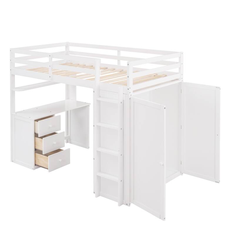 Space-Saving Twin Loft Bed with Desk, Wardrobe & Drawers in White