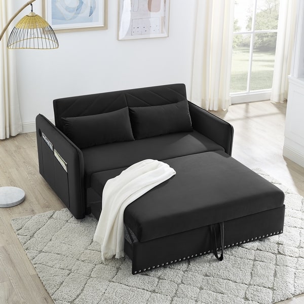55 Modern Convertible Sofa Bed with 2 Detachable Arm Pockets, Velvet  Loveseat Sofa with Pull Out Bed, 2 Pillows and Living Room Adjustable  Backrest