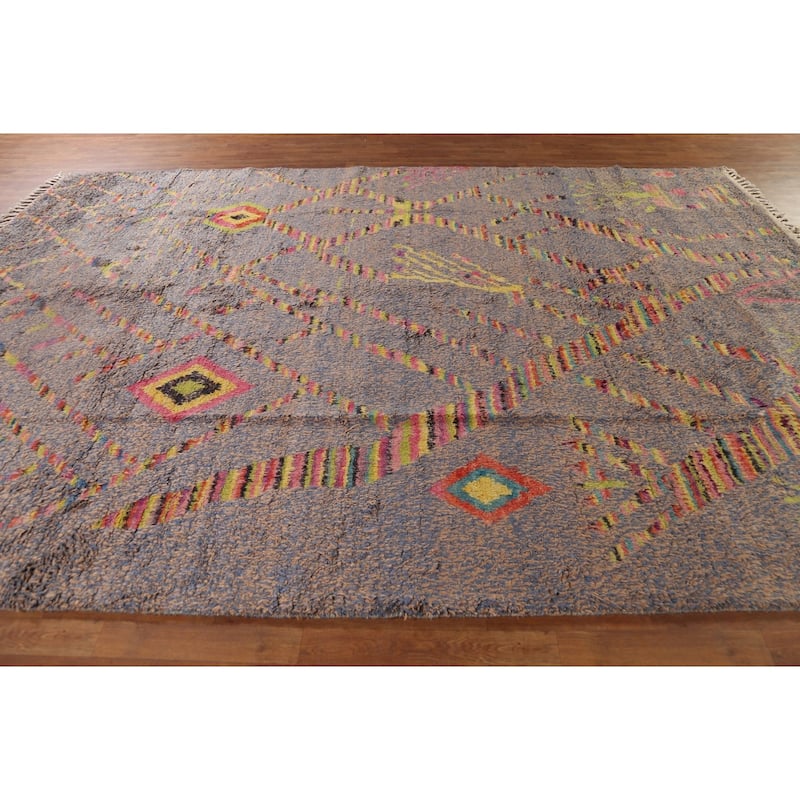 Blue & Brown Plush Moroccan Oriental Area Rug Handmade Wool Carpet - 8'9"x 12'6"