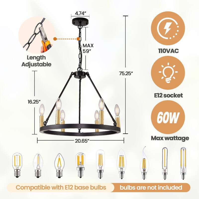 6 - Light Candle Style Wagon Wheel Chandelier