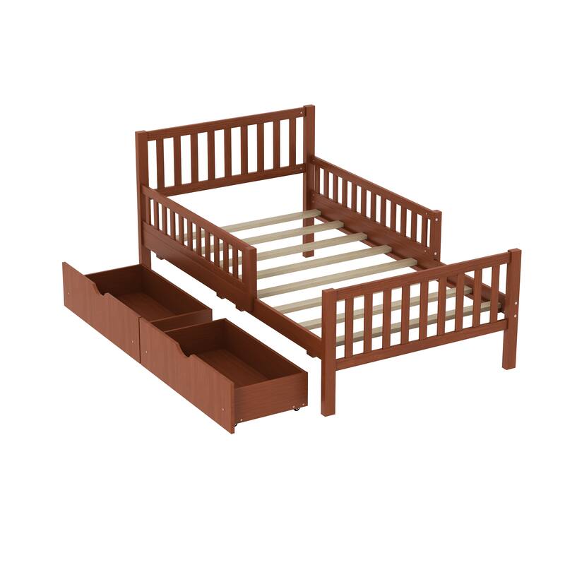 Wooden Twin/Full Size Platform Bed with Guardrails and Headboard, Classic Solid Pinewood Storage Bed Frame with 2 Drawers