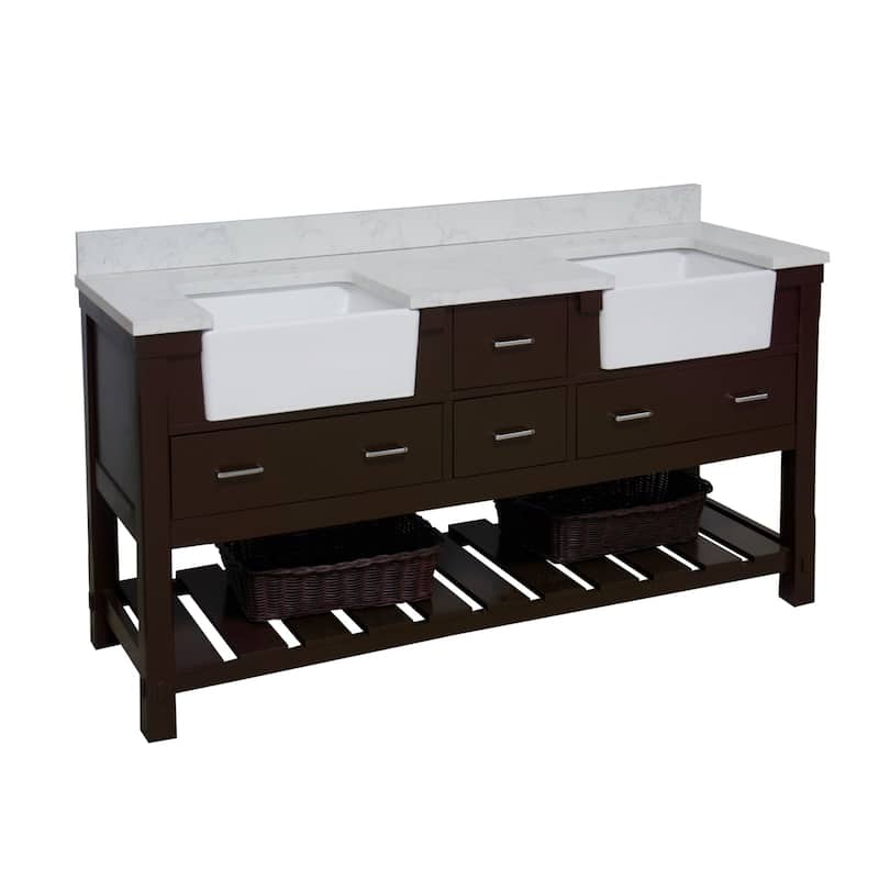 KitchenBathCollection Charlotte 72" Farmhouse Bathroom Vanity with Engineered Carrara Top - Chocolate