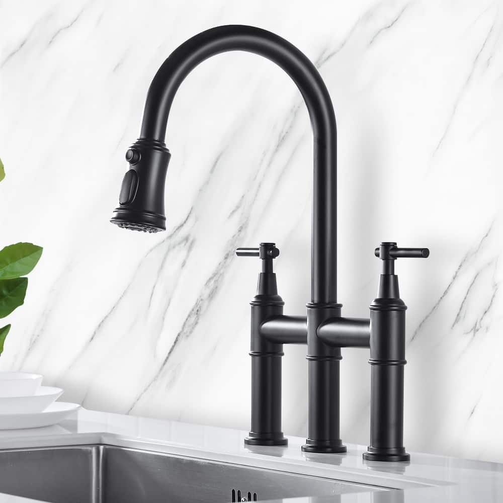Transitional Bridge Kitchen Faucet with Pull-Down Sprayhead, Double Handle Kitchen Sink Faucet