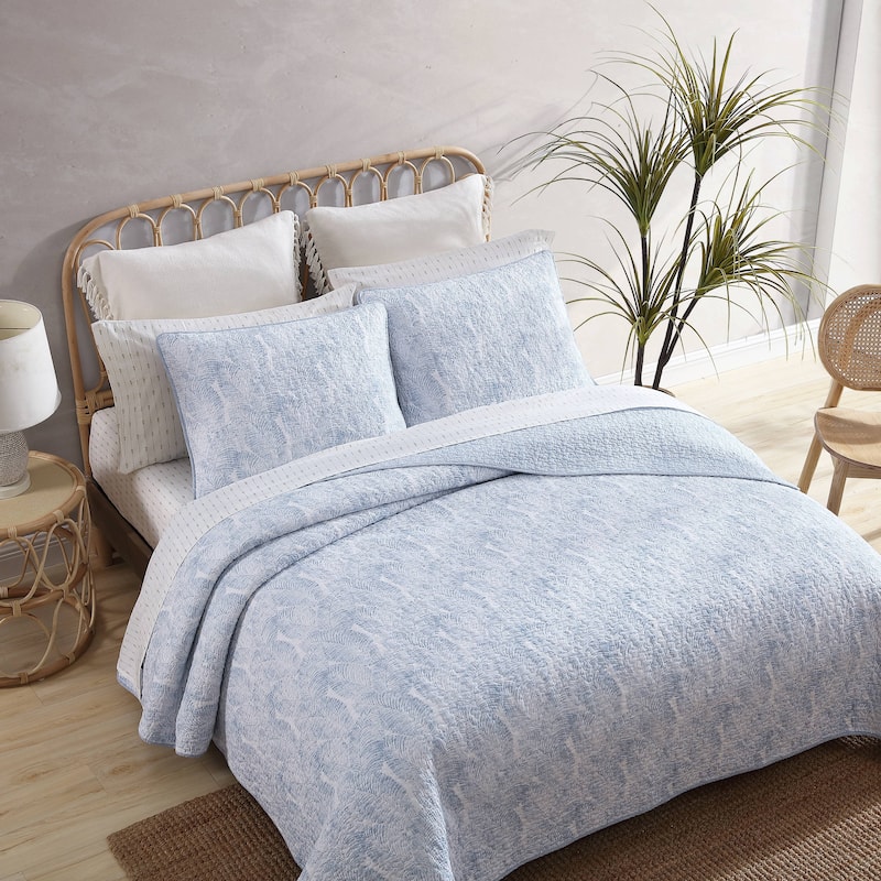 Tommy Bahama Distressed Water Leaves Blue Cotton Reversible Quilt Set
