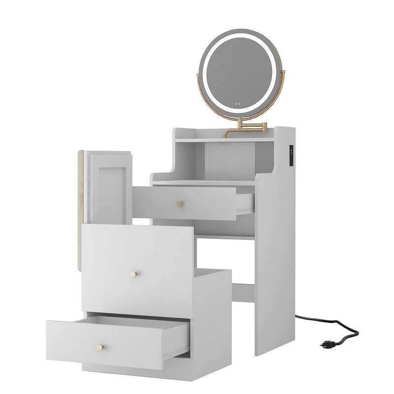 3 in 1 Vanity Desk With mirror and light ,Small makeup vanity set with charging station, 2 drawers , upholstered stool