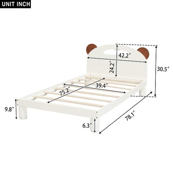 dimension image slide 1 of 2, Cute Full/Twin Size Platform Bed with Bear Ears Headboard, LED Light, Solid Wood Construction, Easy Assembly