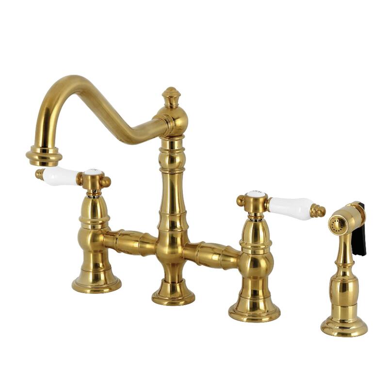 Kingston Brass Bel-Air Two-Handle 4-Hole Deck Mount Bridge Kitchen Faucet with Brass Side Sprayer - Brushed Brass