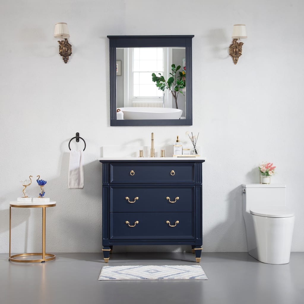 35'' H X 36'' W Solid Wood Bath Vanity with Stain-resistant Carrera White Quartz Top and Single Sink