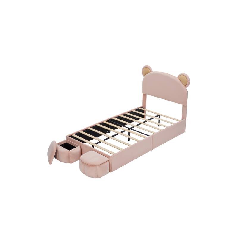Pink Twin Size Upholstered Platform Bed with Bear Ears Headboard, Storage Stools, No Box Spring Needed, for Kids and Teens - Pink