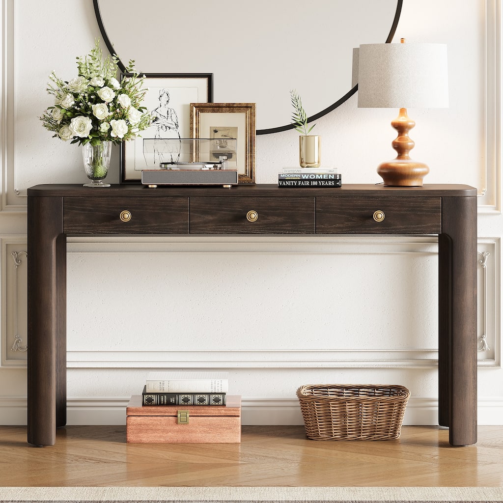 Country-Style Console Table, Curved Corner Table with 3 Hidden Drawers and Thick Legs, for Entryway, Hallway