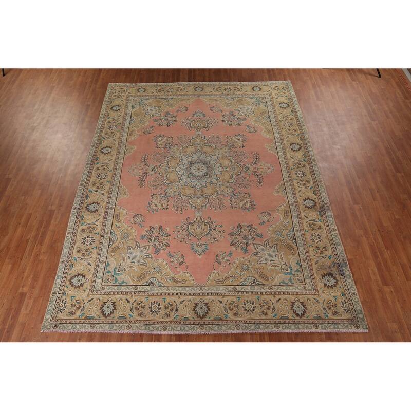 Pink Tabriz Vintage Persian Area Rug Handmade Wool Carpet - 9'9" x 13'0"