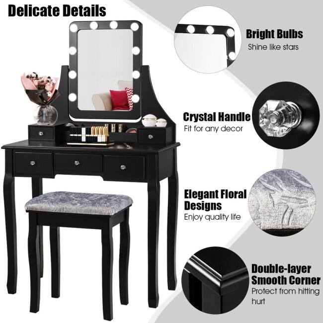 Vanity Dressing Table Set with 10 Dimmable Bulbs and Cushioned Stool - 31.5" x 16" x 53"(L x W x H)