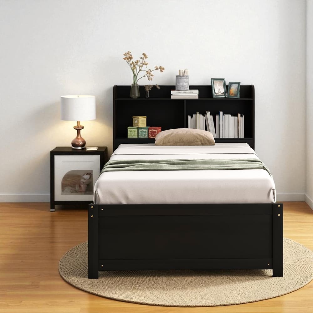 Twin/Full Bed Frame with Pull-Out Trundle and Bookcase Headboard, No Box Spring Needed