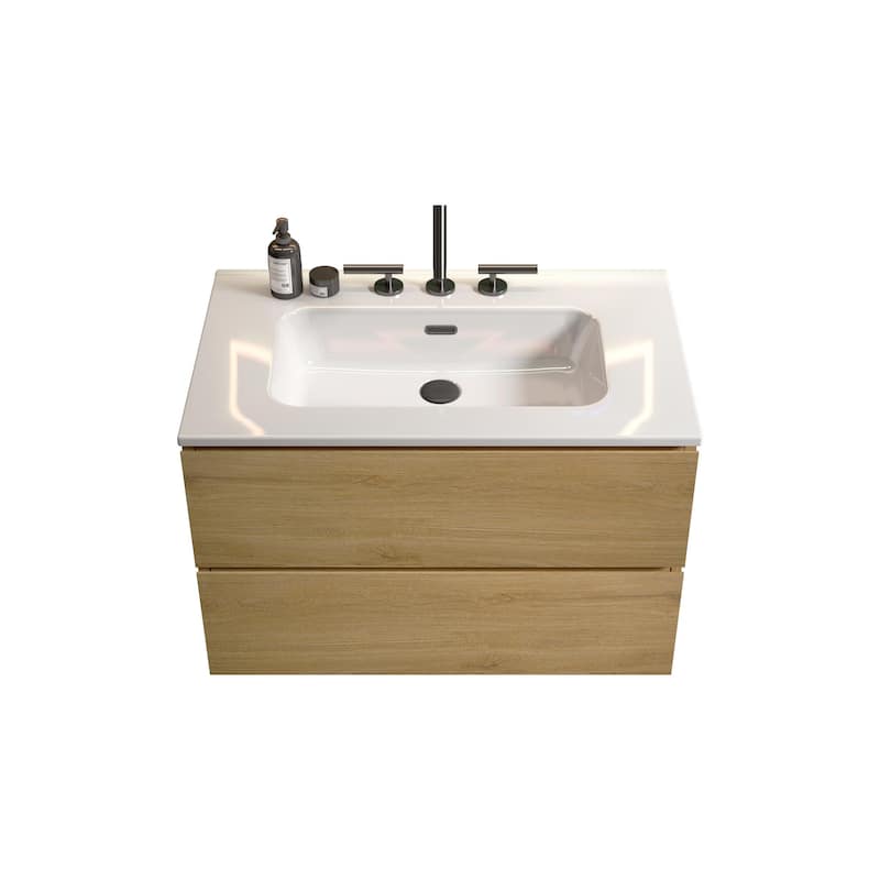 Wall Mount 30"Natural Oak Bathroom Vanity with Ceramic Sink with three faucet holes,Large Storage Floating Bathroom Vanity
