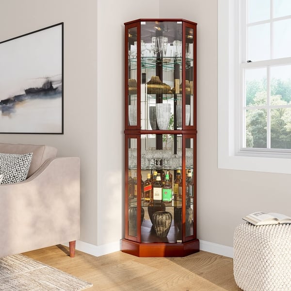 BELLEZE Lighted Wooden Corner Display Curio Cabinet, Two Section