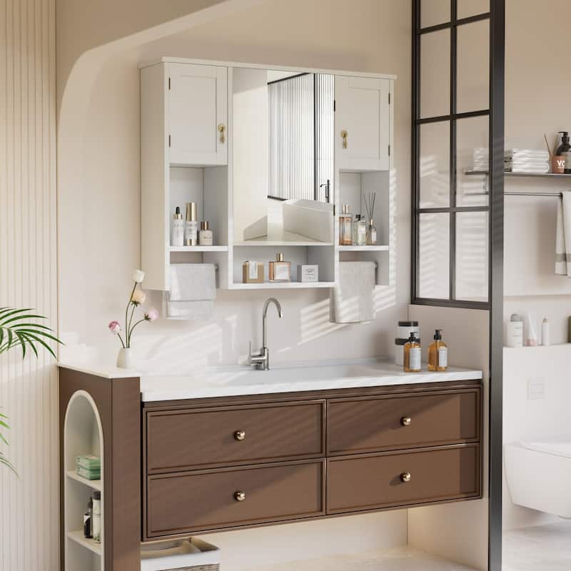 VECELO Bathroom Medicine Cabinet with Mirror, Wall Mounted Bathroom Storage Cabinet, Mirror Doors and 2 Towel Bars