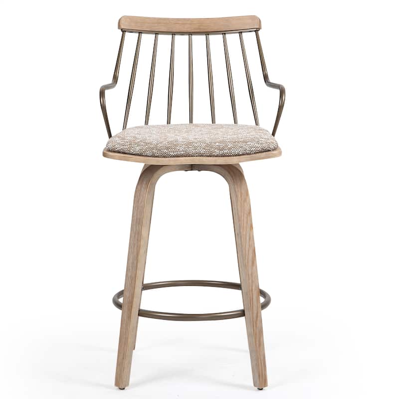 Beatrice Brown and White Woven Fabric Counter Stool with Natural Wood Legs