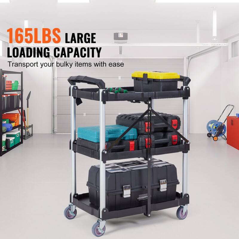 Black Polypropylene Foldable Utility Cart with 3 Shelves and Lockable Wheels - 25.62” L x15.43” W x32.76” H