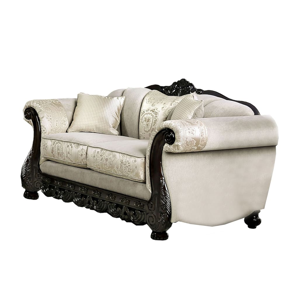 Chenille Fabric Upholstered Loveseat with Arched Back, Beige and Brown