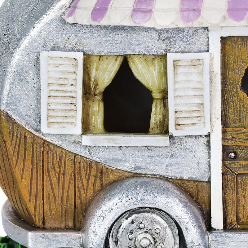 Exhart Solar Hand Painted Camping Trailer Statue with Lavender Awning, 5 by 6.5 Inches