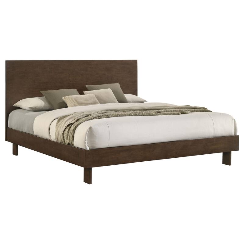 Genu King Size Platform Bed, Panel Headboard, Warm Walnut Brown Wood