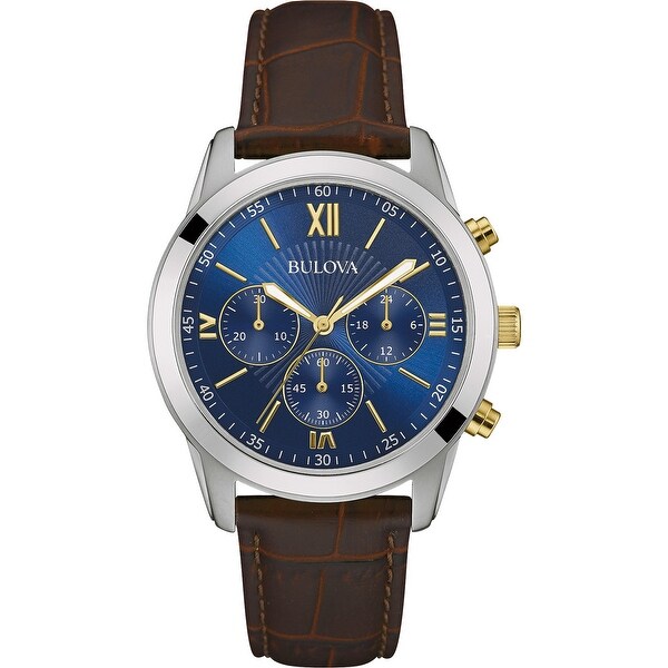 Bulova Men's 98A151 Classic Stainless Chrono Brown Leather Strap Watch - Silvertone. Opens flyout.