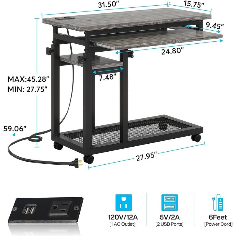 28"-39.3" Height Adjustable Portable Desk with Power Outlet & USB Ports -Grey