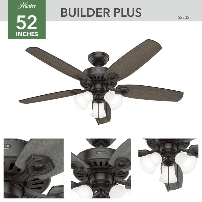 Hunter 52" Builder Ceiling Fan with LED Light Kit and Pull Chain - DC Motor - Casual, Traditional - ENERGY STAR